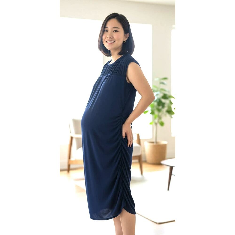 A Pea in the Pod Navy Poly/Spandex Ruched Maternity Career Dress L Stretch Midi - Picture 3 of 6